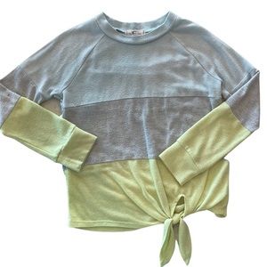 Girls Sweater, Front Tie, Large, Wacking on Sunshine Brand, Blue/Gray/Ye…